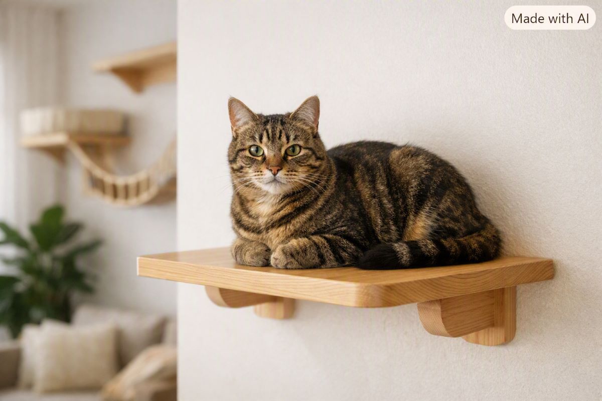 📌 A criação de rotas verticais com prateleiras expande o território do gato e traz mais segurança ao pet.
