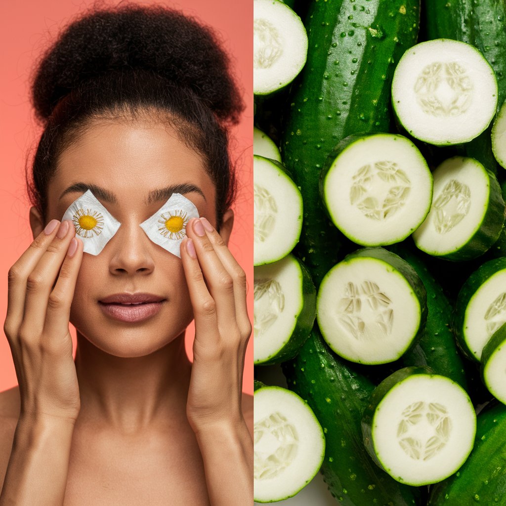 Aplicação de chá de camomila e rodelas de pepino