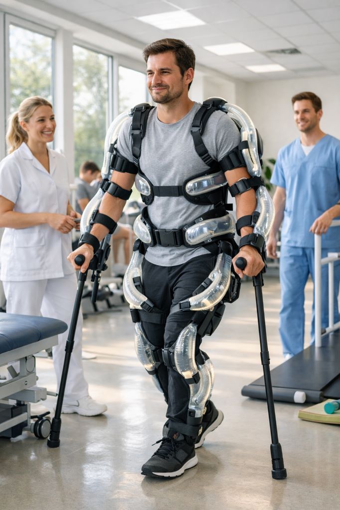 📌 Exoesqueletos flexíveis ajudam pacientes a recuperar movimentos com mais conforto e naturalidade.