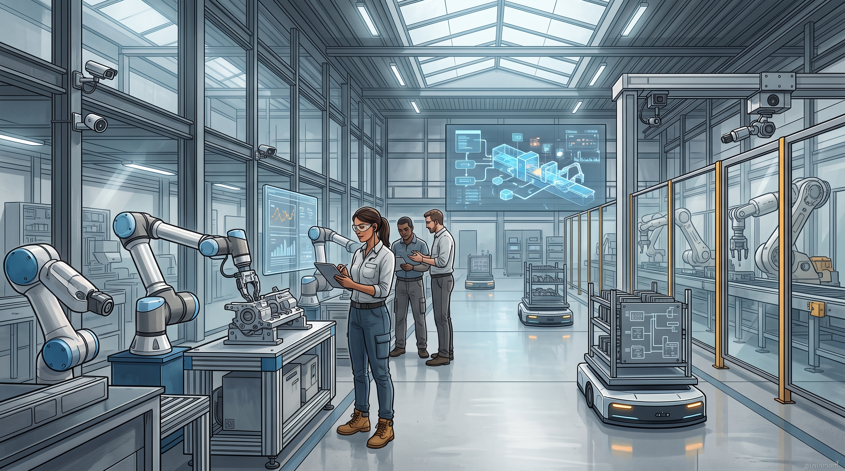 📌 Na fábrica inteligente, robôs, inteligência artificial e trabalhadores humanos passam a atuar como parte de um mesmo sistema.